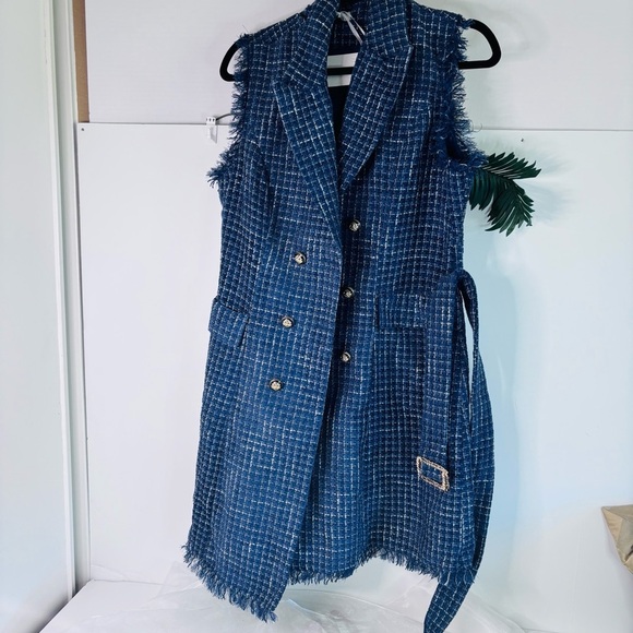 GRACE KARIN Women Tweed Sleeveless V Neck Button Down Dress Pockets Navy Blue LG - Picture 8 of 14